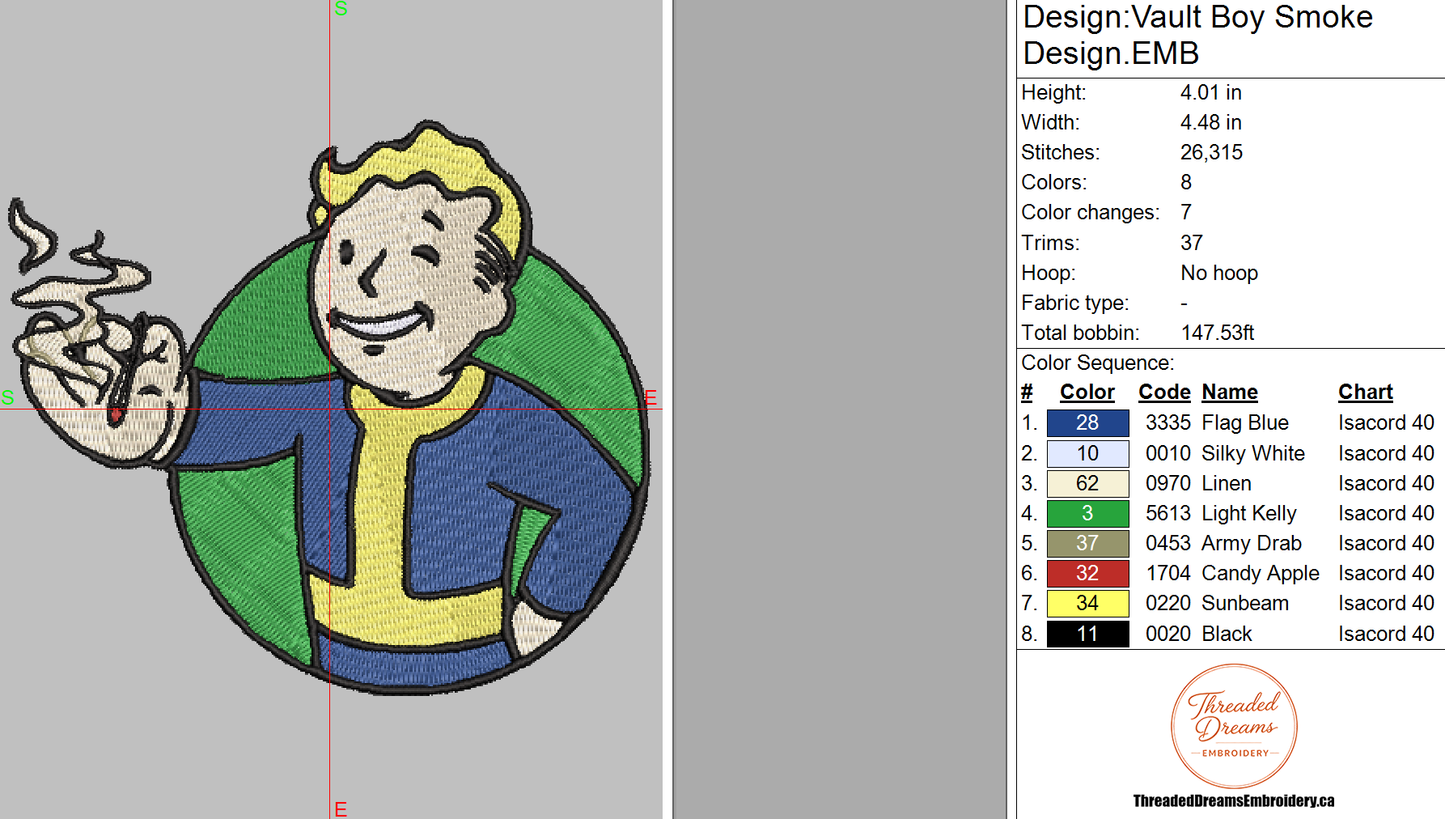 Fallout Vault Boy Smoke Embroidery Design File | Digital Download | 6 Sizes & 7 Formats Included Threaded Dreams