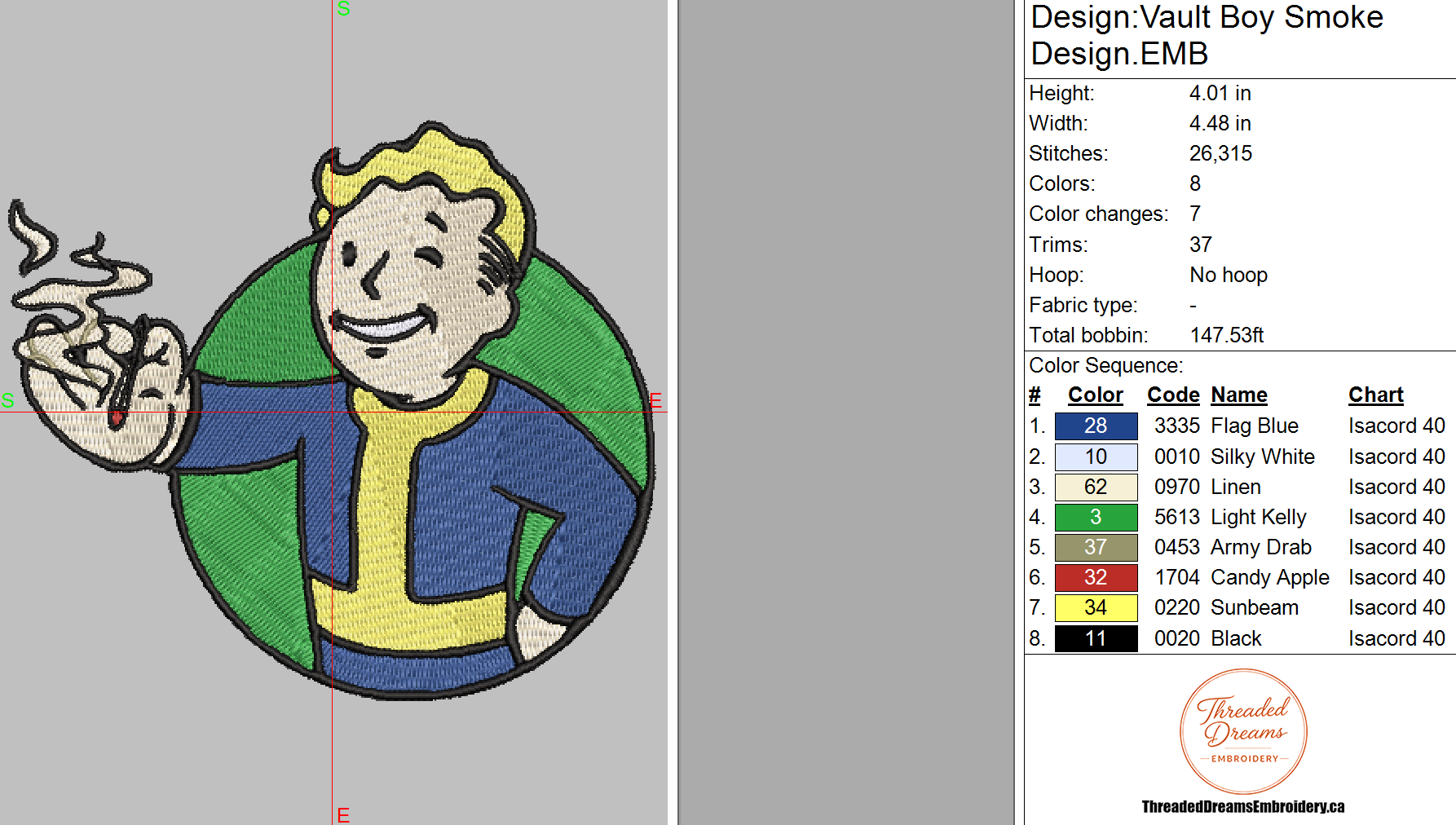 Fallout Vault Boy Smoke Embroidery Design File | Digital Download | 6 Sizes & 7 Formats Included Threaded Dreams