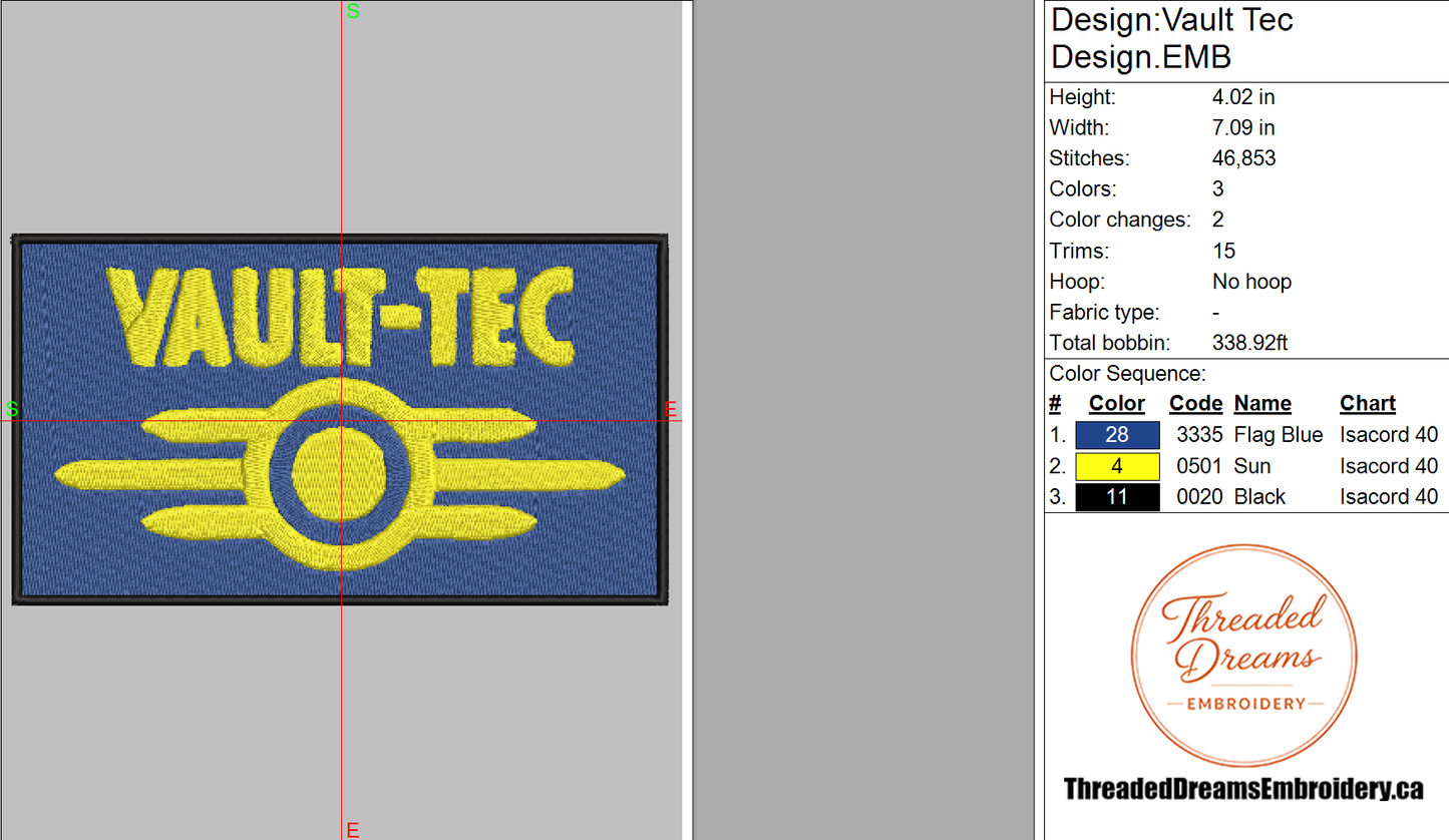 Vault Tec Embroidery Design File | Digital Download | 6 Sizes & 7 Formats Included Threaded Dreams