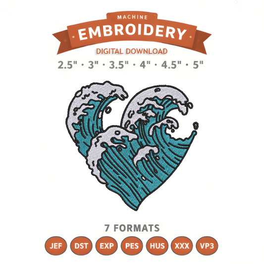 Wave Heart Embroidery Design File | Digital Download | 6 Sizes & 7 Formats Included Threaded Dreams