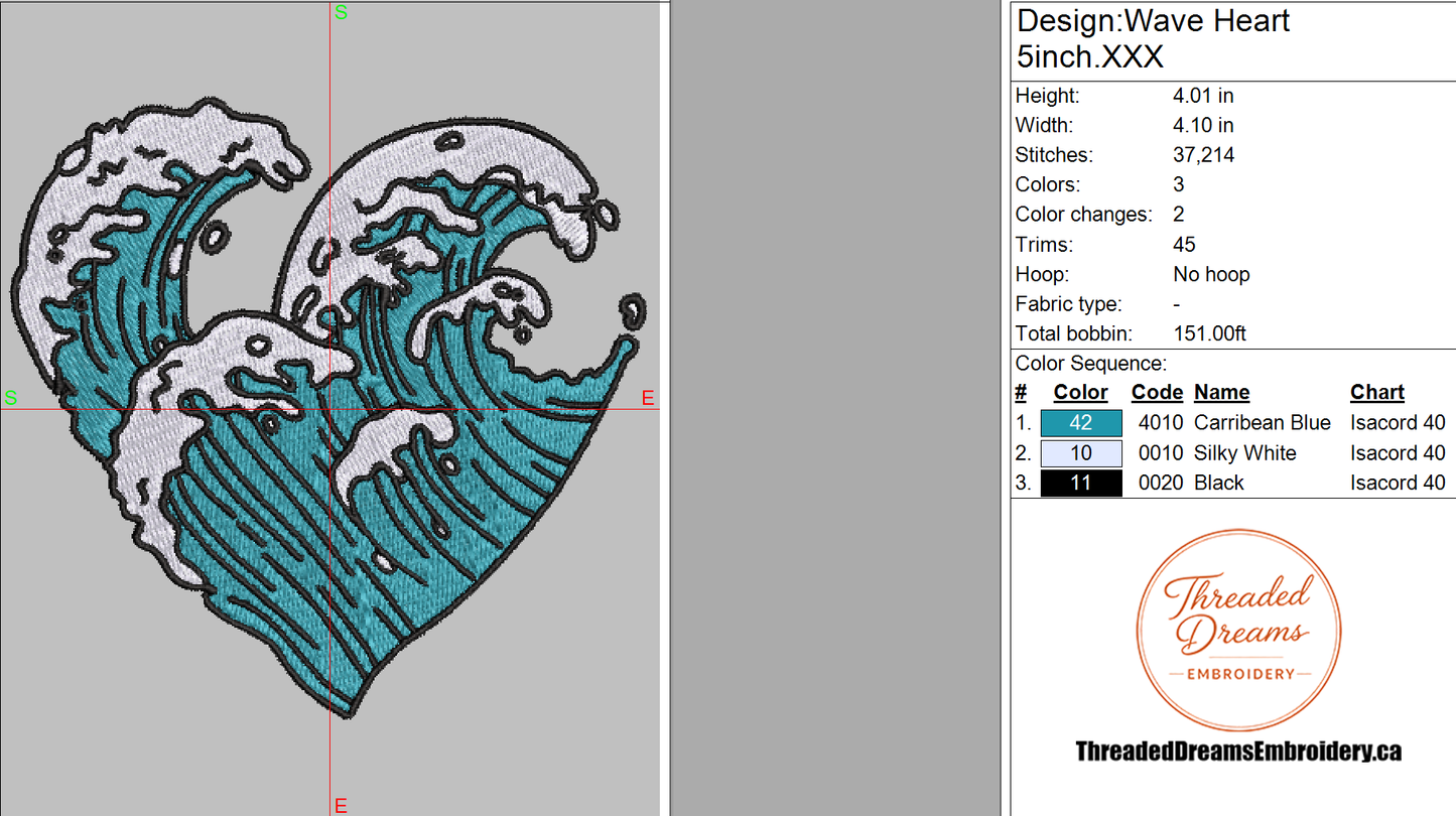 Wave Heart Embroidery Design File | Digital Download | 6 Sizes & 7 Formats Included Threaded Dreams