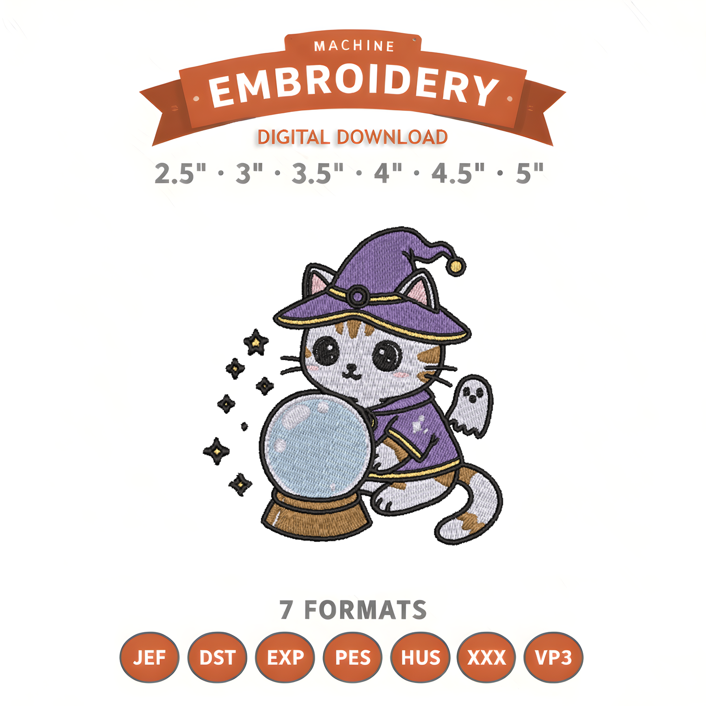 Wizard Cat Embroidery Design File | Digital Download | 6 Sizes & 7 Formats Included Threaded Dreams