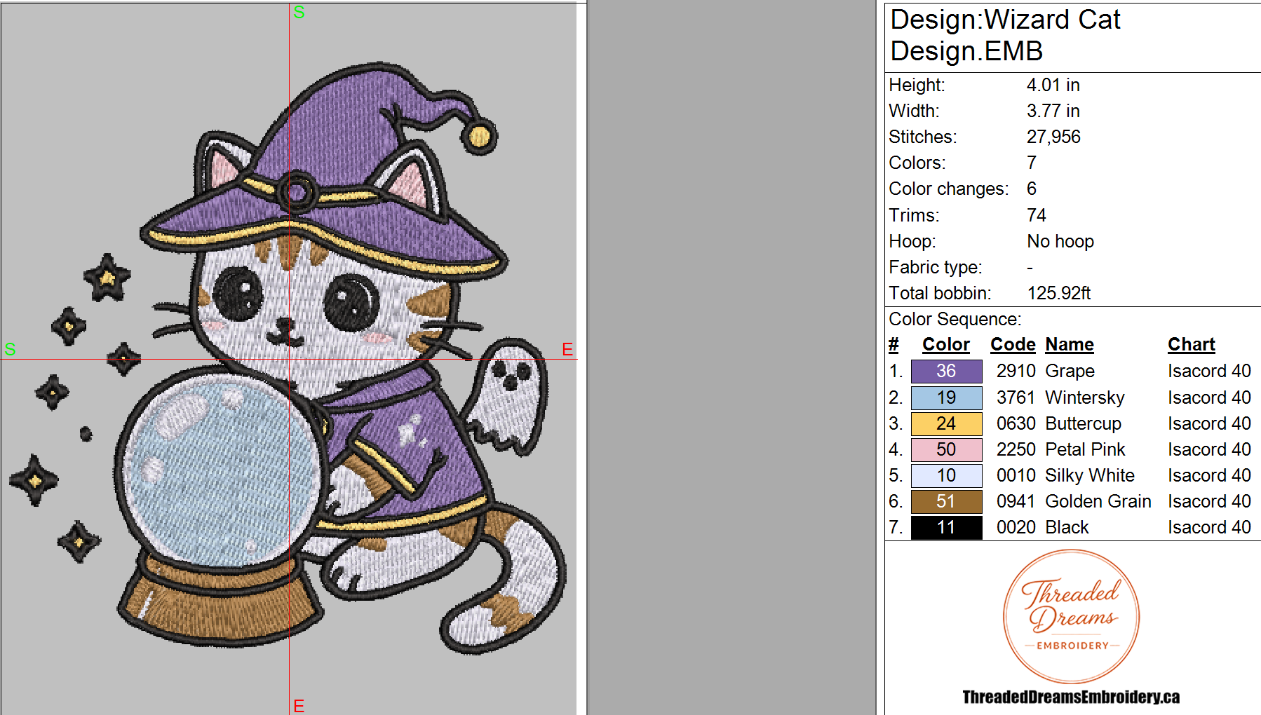 Wizard Cat Embroidery Design File | Digital Download | 6 Sizes & 7 Formats Included Threaded Dreams