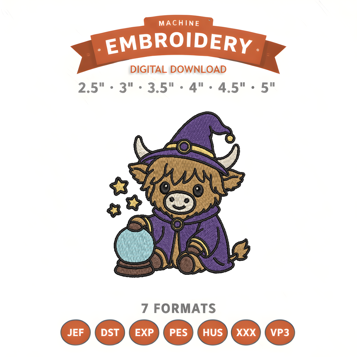Wizard Highland Cow Embroidery Design File | Digital Download | 6 Sizes & 7 Formats Included Threaded Dreams