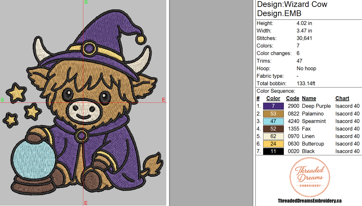 Wizard Highland Cow Embroidery Design File | Digital Download | 6 Sizes & 7 Formats Included Threaded Dreams