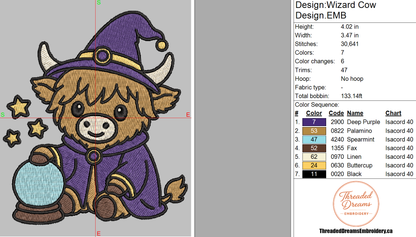 Wizard Highland Cow Embroidery Design File | Digital Download | 6 Sizes & 7 Formats Included Threaded Dreams