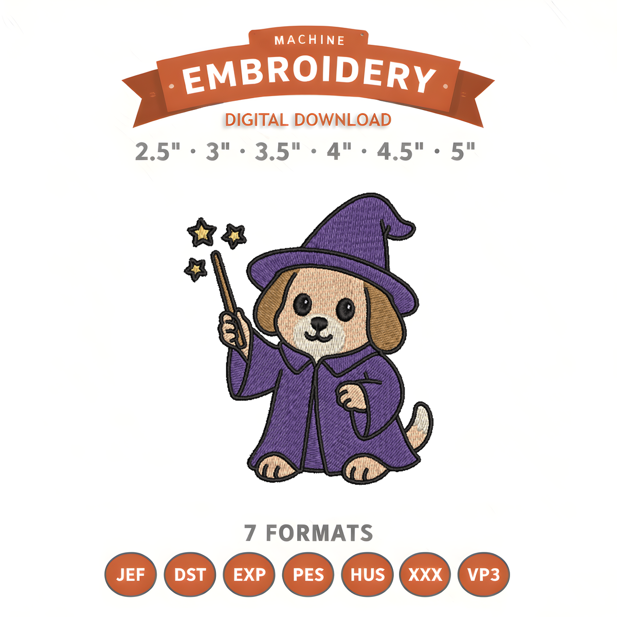 Wizard Dog Embroidery Design File | Digital Download | 6 Sizes & 7 Formats Included Threaded Dreams