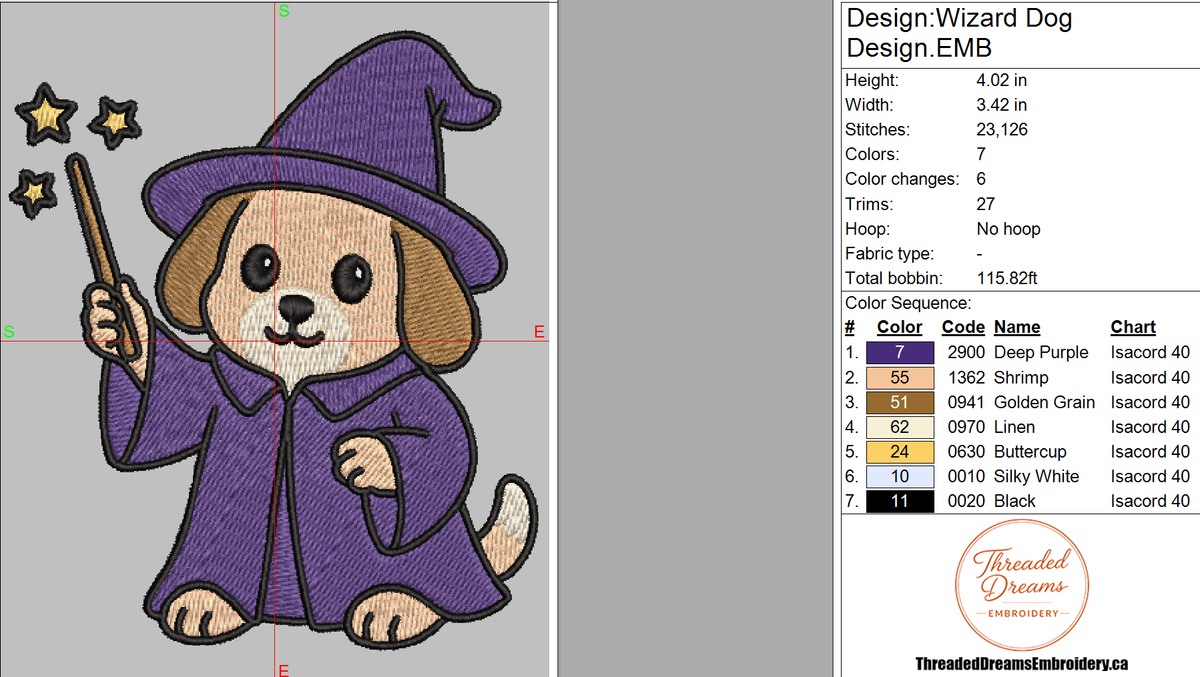 Wizard Dog Embroidery Design File | Digital Download | 6 Sizes & 7 Formats Included Threaded Dreams