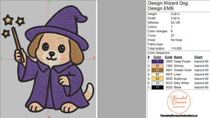 Wizard Dog Embroidery Design File | Digital Download | 6 Sizes & 7 Formats Included Threaded Dreams