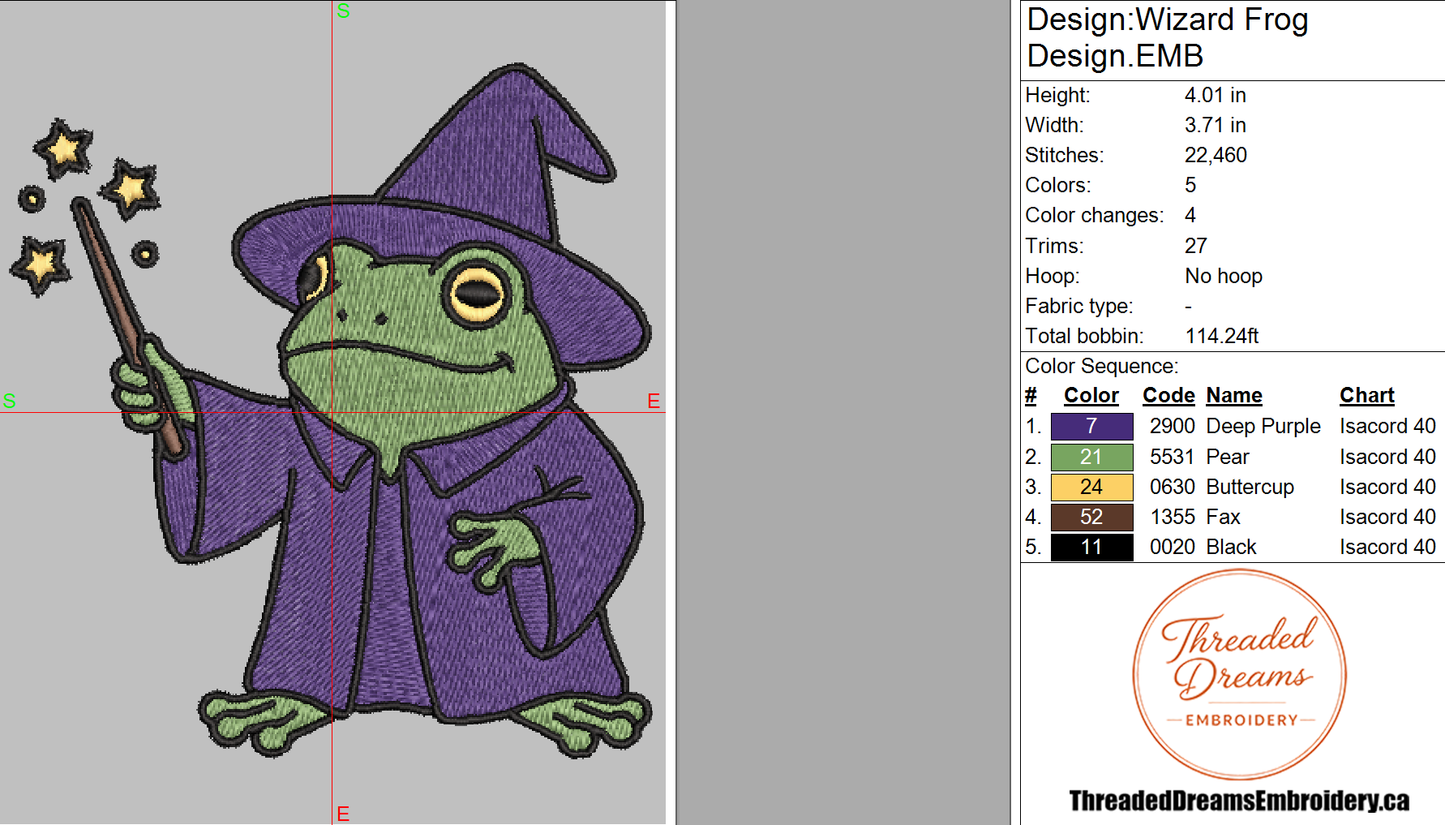Wizard Frog Embroidery Design File | Digital Download | 6 Sizes & 7 Formats Included Threaded Dreams