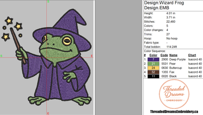 Wizard Frog Embroidery Design File | Digital Download | 6 Sizes & 7 Formats Included Threaded Dreams