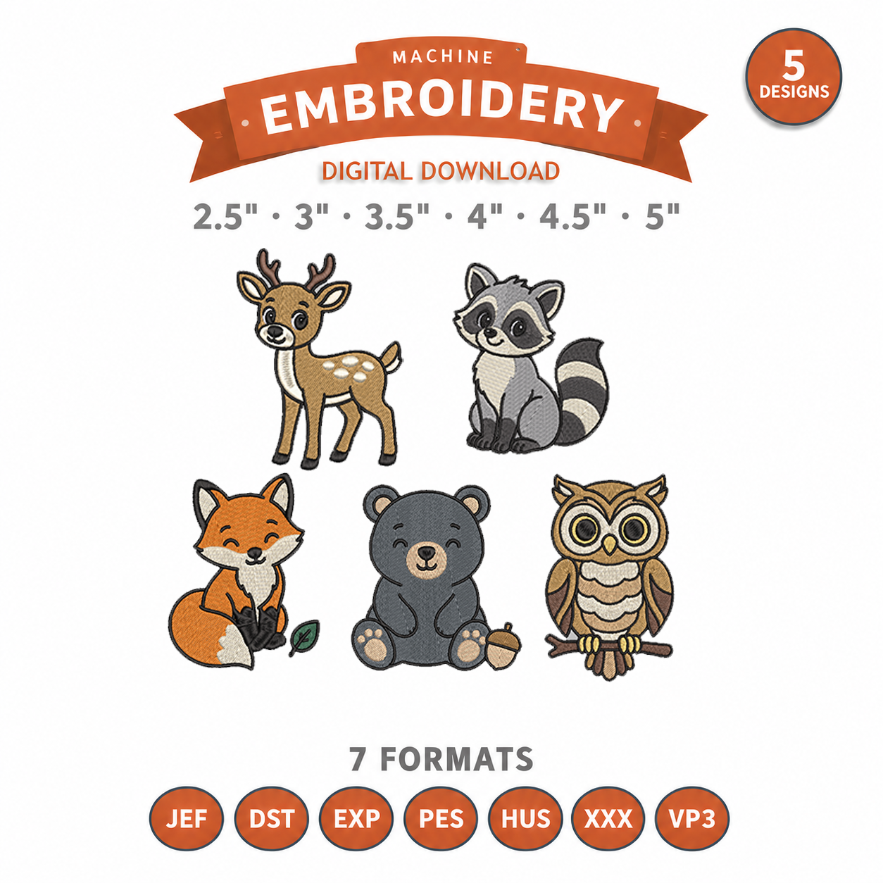 Woodland Animals Machine Embroidery Bundle, Forest Animal Designs, Fox Deer Bear Raccoon Owl | 5 Designs, 6 Sizes & 7 Formats Threaded Dreams