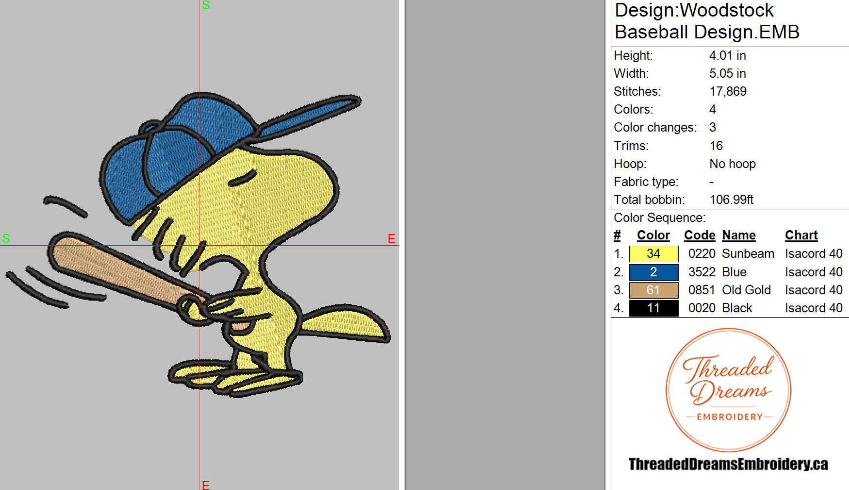 Woodstock Baseball Embroidery Design File | Digital Download | 6 Sizes & 7 Formats Included Threaded Dreams