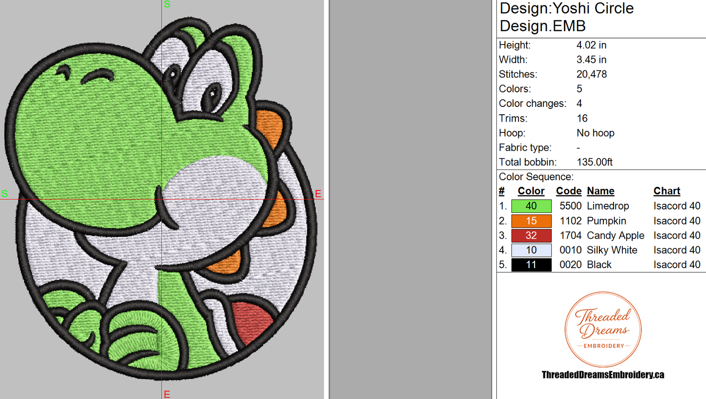 Yoshi Embroidery Design File | Digital Download | 6 Sizes & 7 Formats Included Threaded Dreams