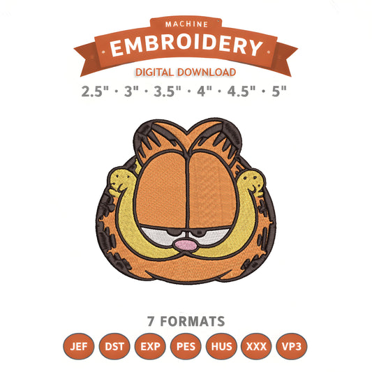 Garfield Face Embroidery Design File | Digital Download | 6 Sizes & 7 Formats Included
