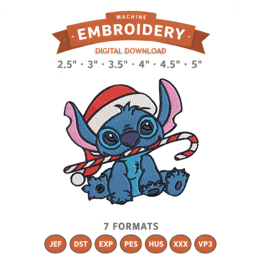 Stitch Christmas Candy Cane Embroidery Design File | Digital Download | 6 Sizes & 7 Formats Included