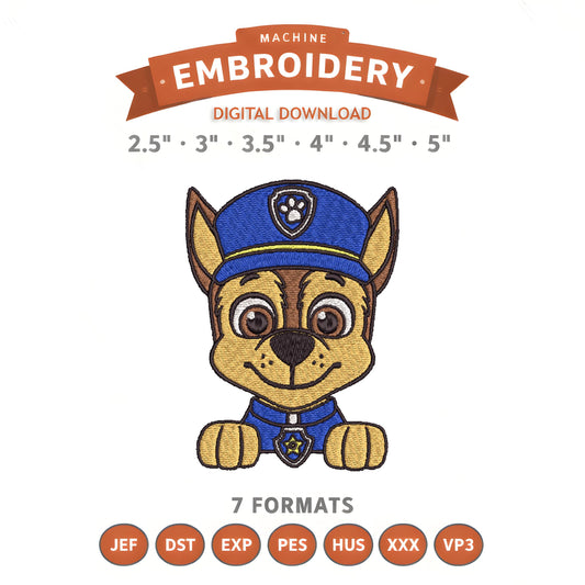 Paw Patrol Chase Embroidery Design File | Digital Download | 6 Sizes & 7 Formats Included