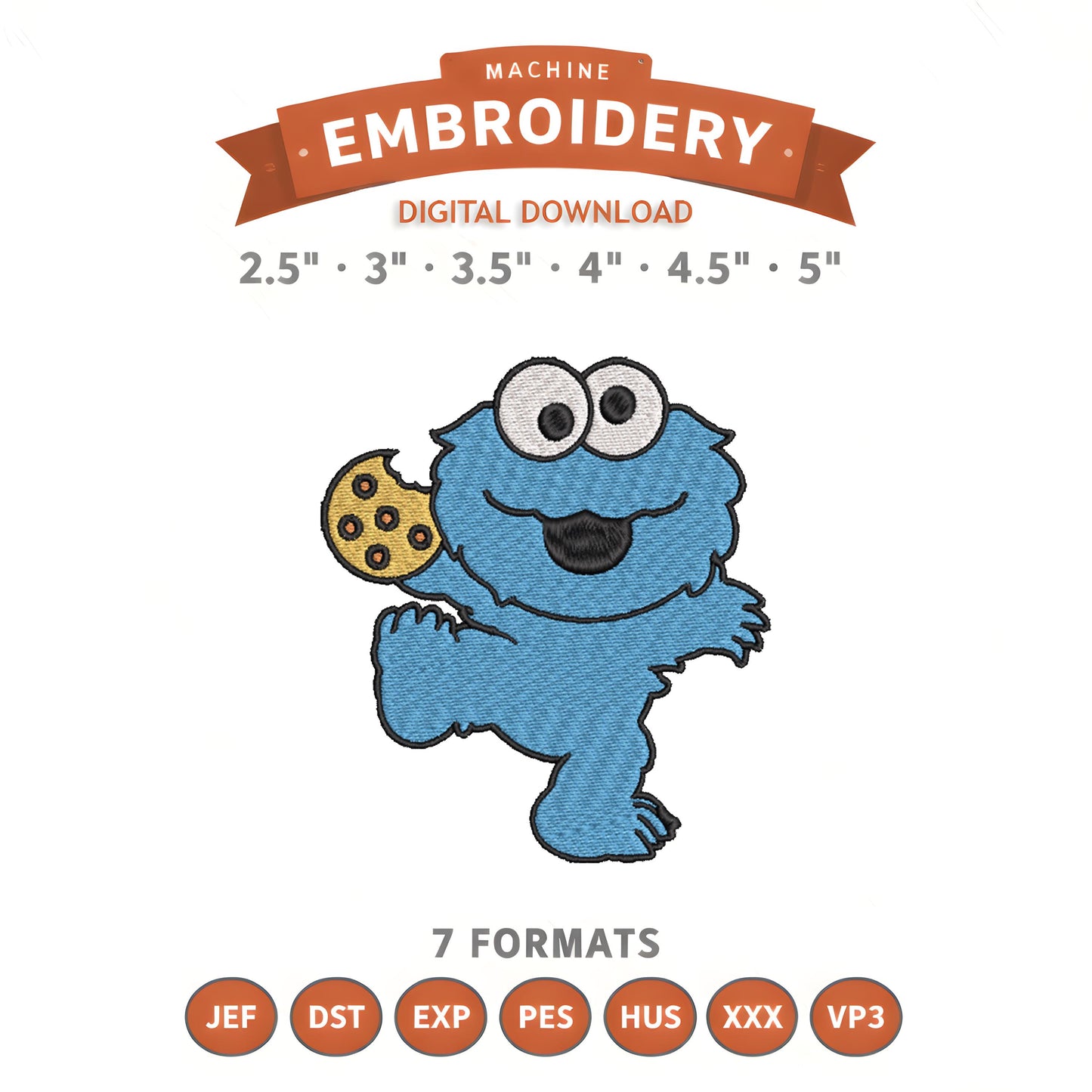 Cookie Monster Baby Sesame Street Embroidery Design File | Digital Download | 6 Sizes & 7 Formats Included