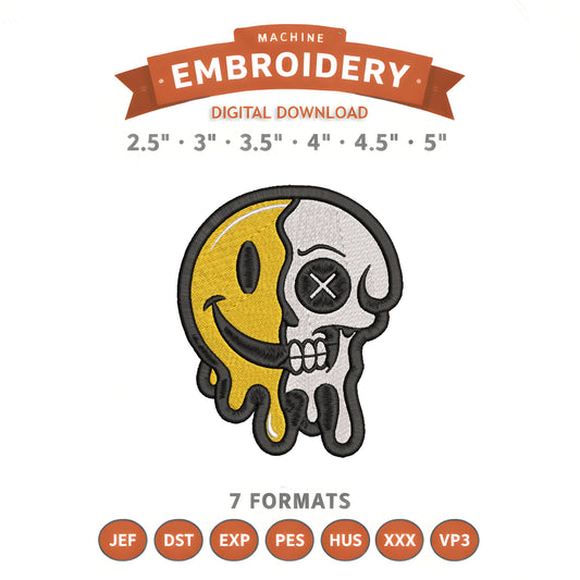 Half Smile Half Skull Embroidery Design File | Digital Download | 6 Sizes & 7 Formats Included