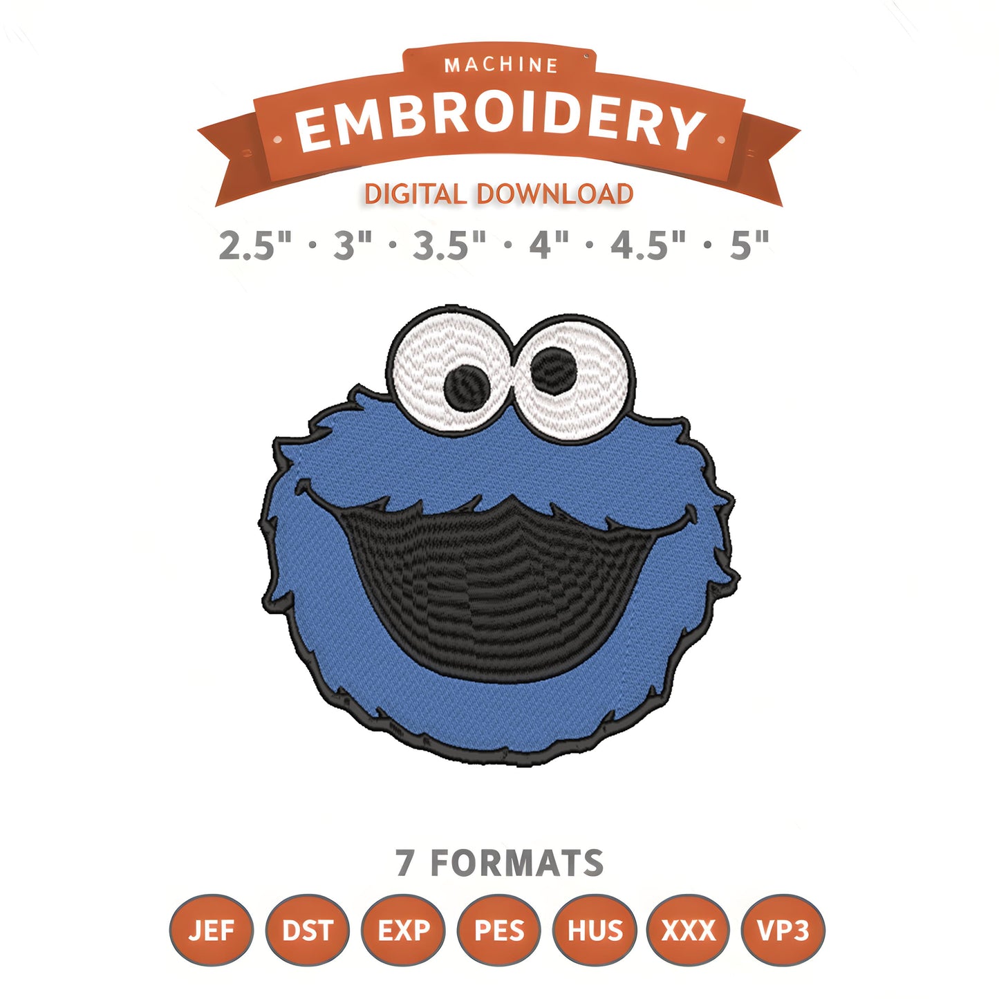 Cookie Monster Sesame Street Embroidery Design File | Digital Download | 6 Sizes & 7 Formats Included