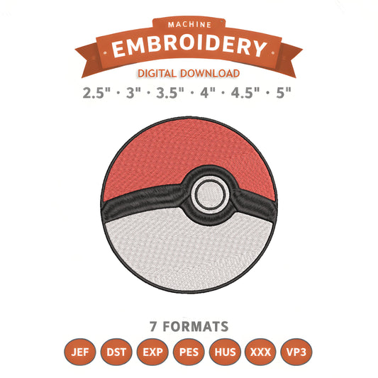 Pokémon Pokéball Embroidery Design File | Digital Download | 6 Sizes & 7 Formats Included