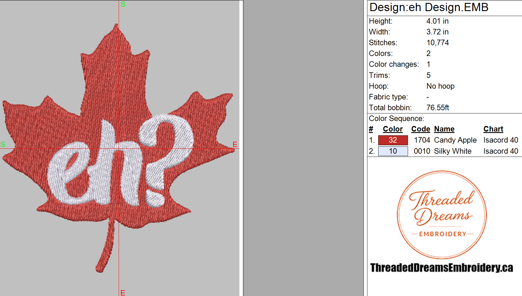 Canada "Eh?" Embroidery Design File | Digital Download | 6 Sizes & 7 Formats Included Threaded Dreams