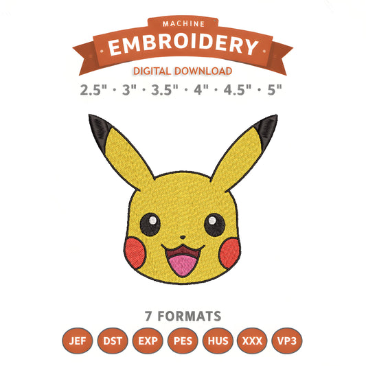 Pokémon Pikachu Face Embroidery Design File | Digital Download | 6 Sizes & 7 Formats Included