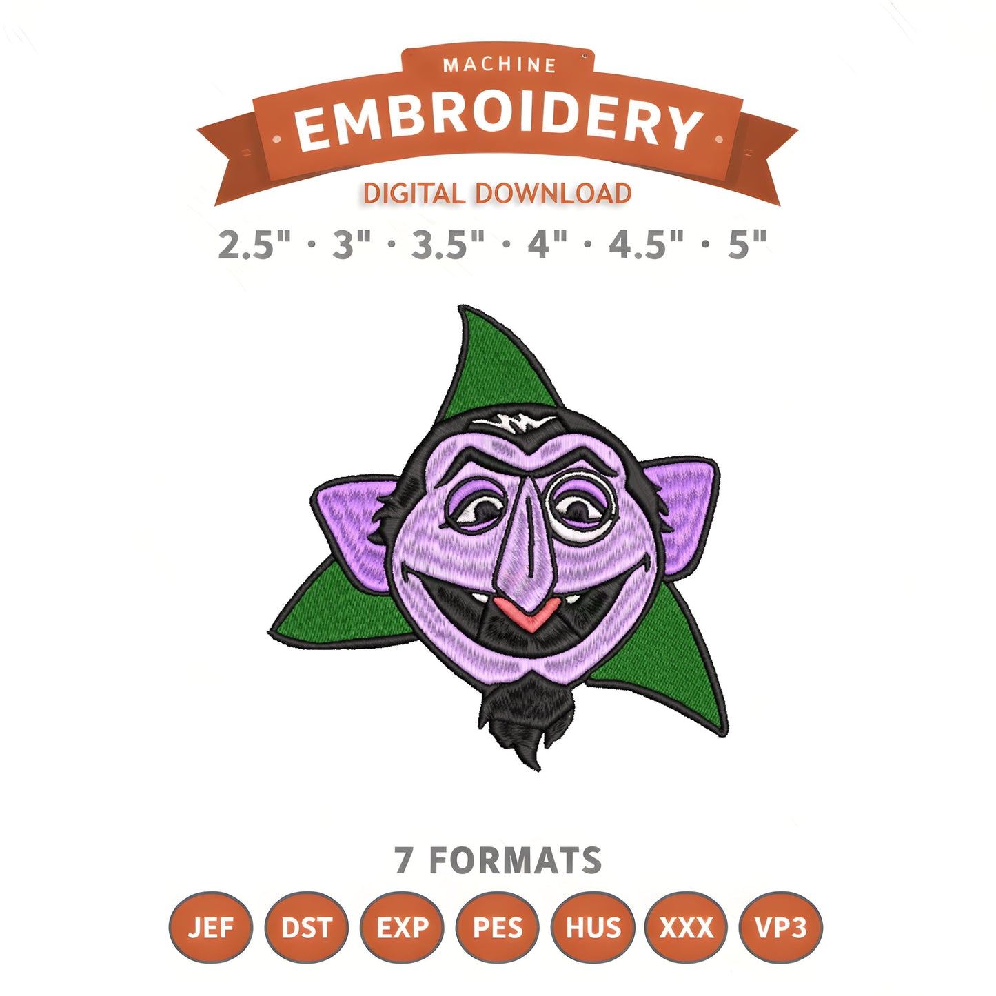 The Count Sesame Street Embroidery Design File | Digital Download | 6 Sizes & 7 Formats Included